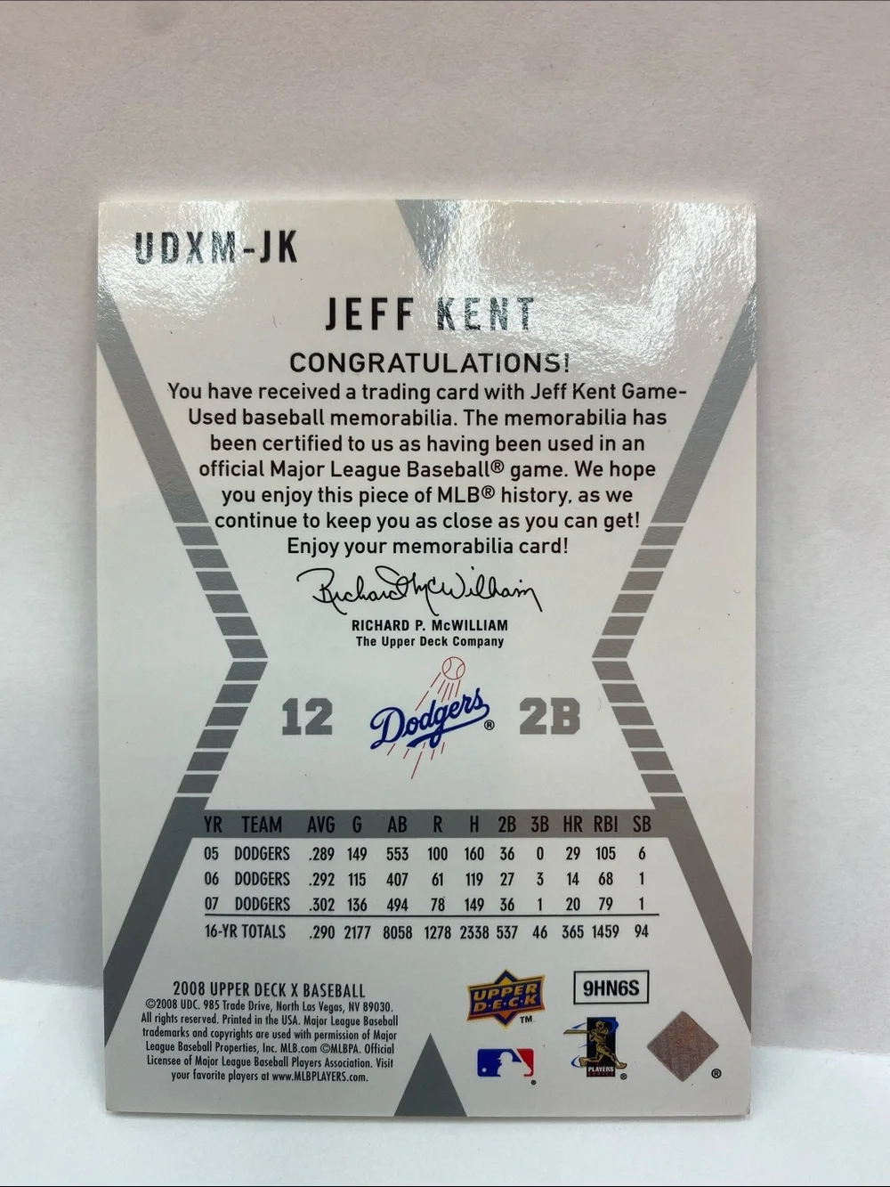 2008 X Upper Deck Jeff Kent Los Angeles Dodgers #UDXM-JK (088)